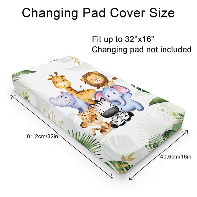 Jungle Safari Animals Tropical Leaves Flowers Changing Pad Cover Lion Elephant Zebra Giraffe Hippo Change Table Covers for Boys Girls Soft Stretchy Diaper Changing Mat Sheets Cover 32''x16''