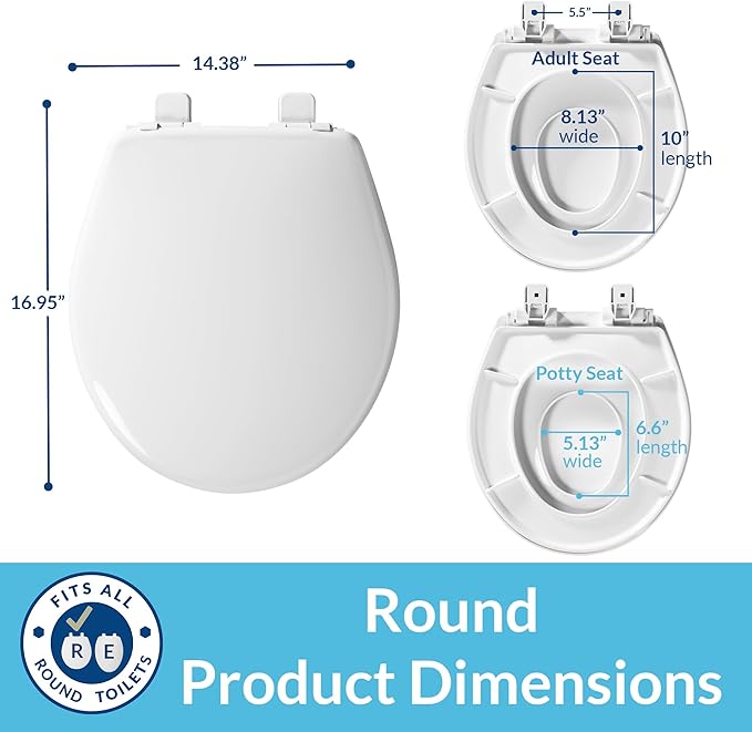 Little2Big Toilet Seat with Built-In Toddler Potty Training Seat, Slow Close, Easy to Install, Made in USA, ROUND, White (Pack of 2)