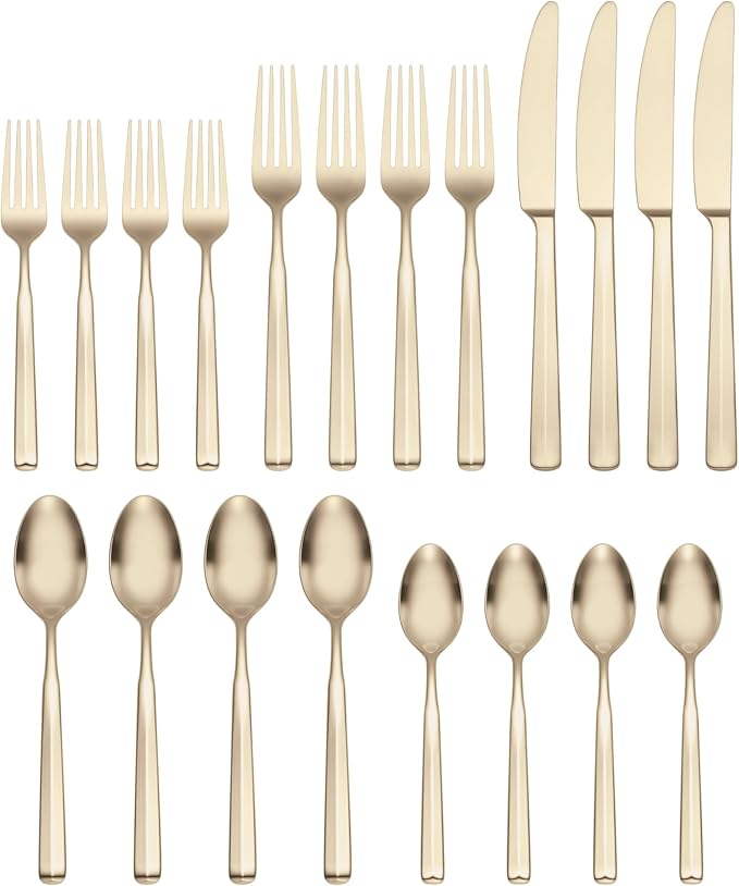 Oneida Silverware Set, Ryder Satin Champagne 20-Piece Flatware Set, Service For 4, 18/0 Stainless Steel, Dishwasher Safe, Cutlery Sets, Kitchen Utensils Sets, Knives Spoons & Forks (Gold, 20 Pieces)