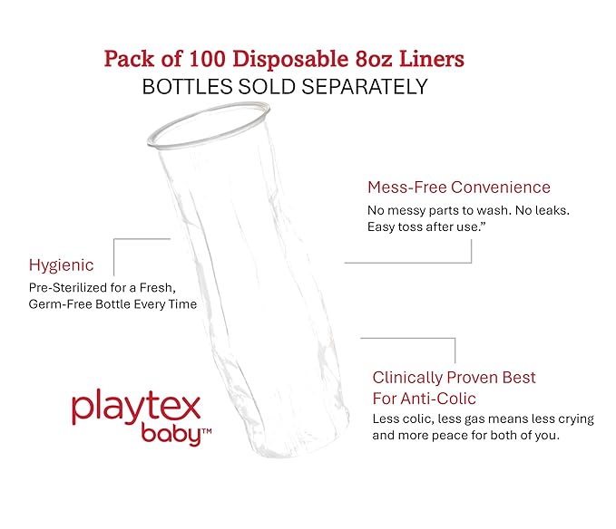 Playtex Baby Nurser Pre-Sterilized Disposable Drop-Ins Baby Bottle Liners, 8 Oz (100 Count), Anti-Colic, Gas Reduction, Easy to Clean, Closer to Breastfeeding, Perfect for Travel and On the Go