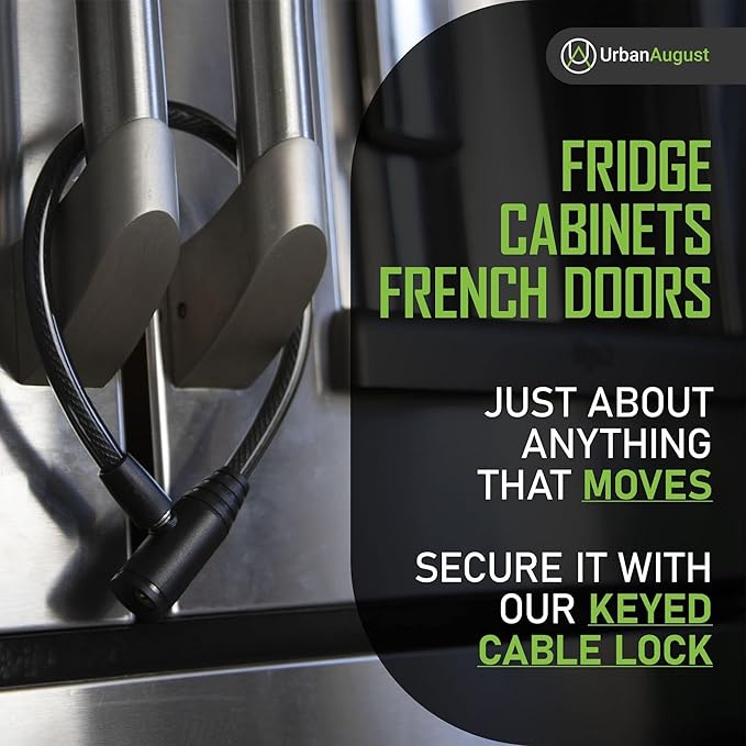 Urban August Child-Proof Refrigerator Lock for Kids & Adults - Lock for French Door Fridge and Cabinet (Regular, Black - 2 Pack)