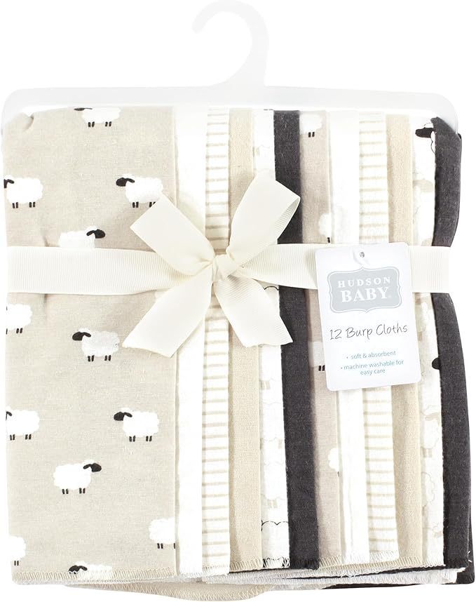 Hudson Baby Unisex Baby Flannel Burp Cloth 12pk, Taupe Sheep, One Size
