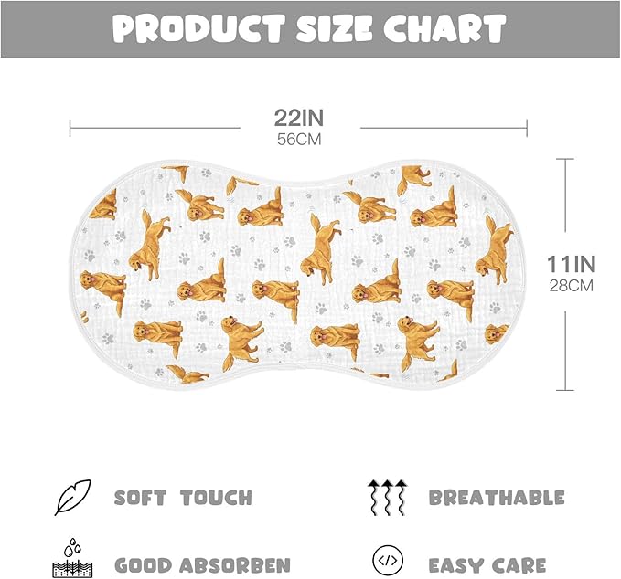 1 Pack Muslin Burp Cloths Golden Dogs Paw Prints White Cotton Baby Burp Cloths Absorbent Burping Cloth Soft Spit Up Rags for Newborn Boys Girls 22x11 Inch