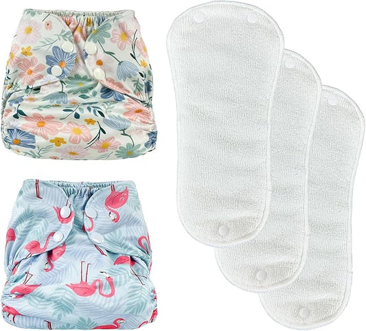 BISENKID 2 Pack Waterproof Cloth Diapers Rubber Pants for Toddlers - Adjustable Outer Shell with 3 Pack Absorbent Diaper Inserts to Prevent Urine Blowouts for Baby Girl, Size 1 (7-17Pound)