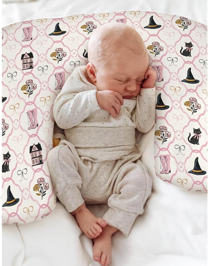 Cute Pink and Black Halloween Baby Nursing Pillow Covers for Girl Witch Cat Castle Floral Bows Slipcovers for Breastfeeding Pillows Spooky Halloween Soft Stretchy Removable Covers for Newborn Infant