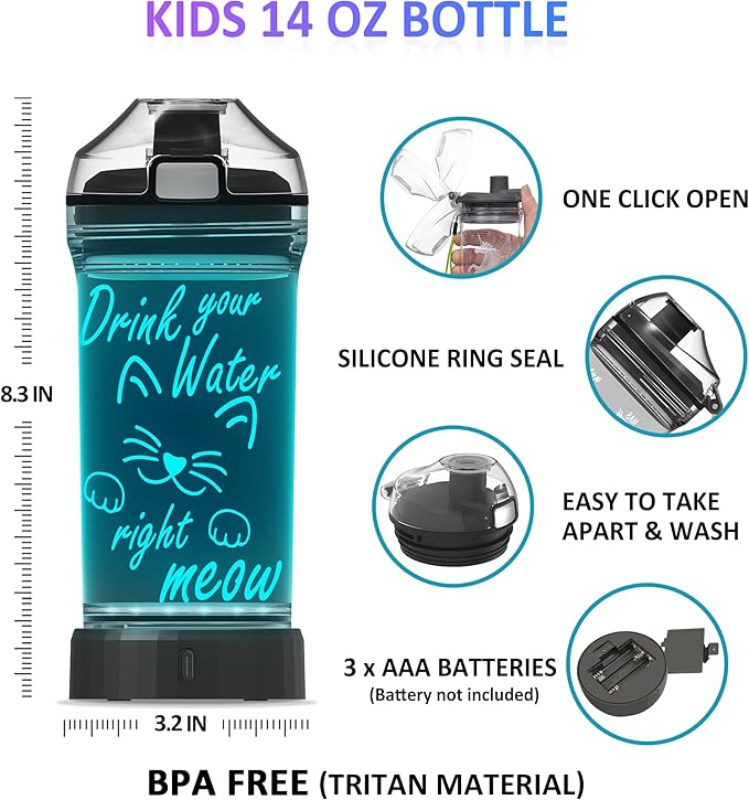 Attivolife Cute Cat Water Bottle with 3D Illusion Glowing LED Light, Travel Drinking Cup 7 Color Changing 14 OZ Tritan BPA Free, Creative Gift for Kid Boy Girl School Holiday Camping Picnic