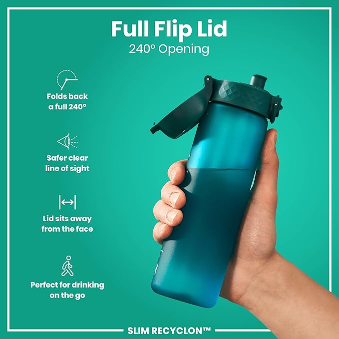 ION8 Water Bottle, 500 ml/18 oz, Leak Proof, Easy to Open, Secure Lock, Dishwasher Safe, BPA Free, Hygienic Flip Cover, Carry Handle, Fits Cup Holders, Easy Clean, Odor Free, Carbon Neutral, Aqua Blue