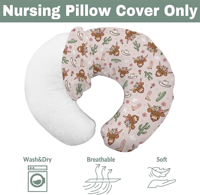 Highland Cows Cactus Baby Nursing Pillow Covers for Boy Girl Pink Western Cowgirl Boots Hats Yak Floral Nursery Pillowcase for Breastfeeding Pillows Wild West Soft Stretchy Slipcovers for Newborn