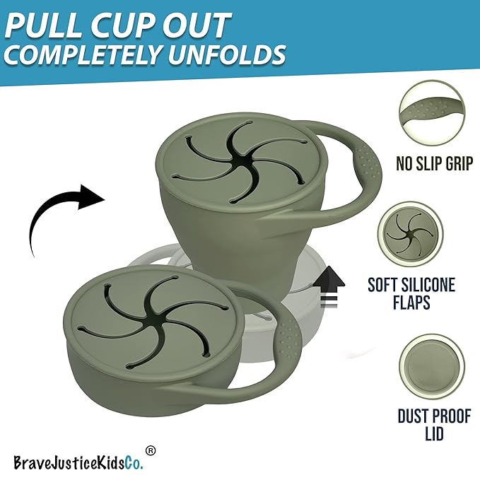 BraveJusticeKidsCo. | Snack Attack Cup | Collapsible Silicone Container | Toddler and Baby Catcher Lid (Desert Sage)