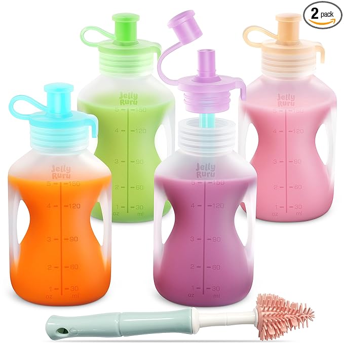 Silicone Reusable Baby Food Pouches with Straws, 2 Pack Leakproof Refillable Squeeze Pouches, Dishwasher, Freezer, Microwave Safe, 5OZ Baby Food Storage for Homemade Puree, Yogurt