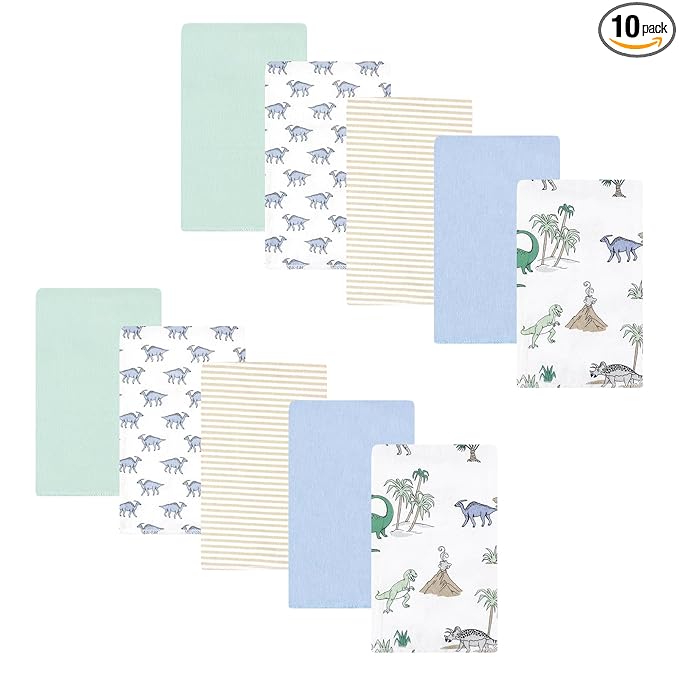 Hudson Baby Unisex Baby Cotton Flannel Burp Cloths 10-Pack, Boy Dino World, One Size
