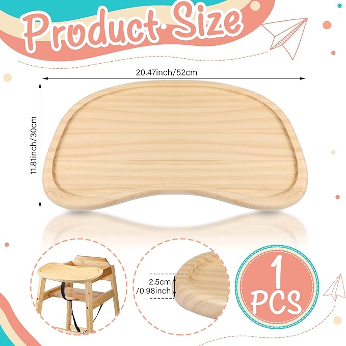Wonderjune Baby Wooden High Chair Tray, Antique Vintage Toddler Infant Seat Tray Replacement Universal Wooden High Chair Accessory for Kitchen Toddlers and Babies Home Finger Foods Placemat