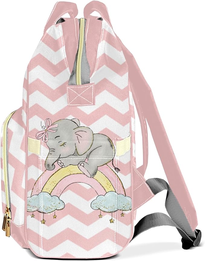 Rainbow Pink Elephant Mommy Bag for Baby Girl Custom Diaper Bag Backpack Waterproof Multi-Function Travel Camping Picnic Diaper Carrying Bag