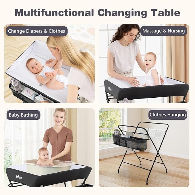 INFANS Baby Changing Table with Wheels, Portable Folding Diaper Station Nursery Organizer with Storage Basket, Hanging Rack, Adjustable Height, Safety Belt for Newborn Infant (Black)