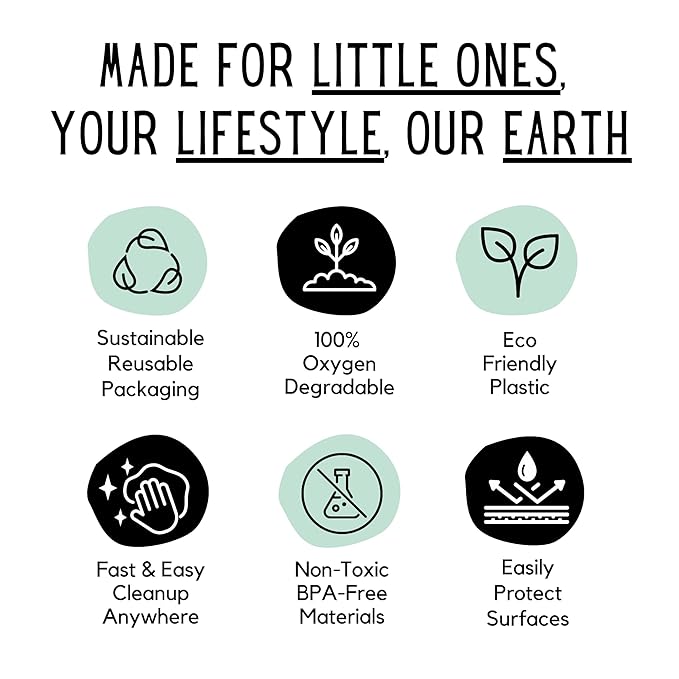 THEO'S 50 Pack Stick on Disposable Table Mats for Kids & Baby Led Weaning | Large 12" x 18" Restaurant Placemats in Re-usable Travel Pouch