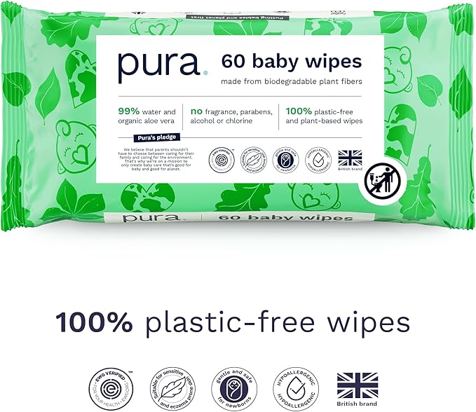 Pura Natural Sensitive Baby Wipes, 99% Water, Unscented & Hypoallergenic, Suitable for Sensitive & Eczema-prone Skin, Fragrance Free & Hypoallergenic, EWG Verified, 3 x 60 per pack (180 Wipes)