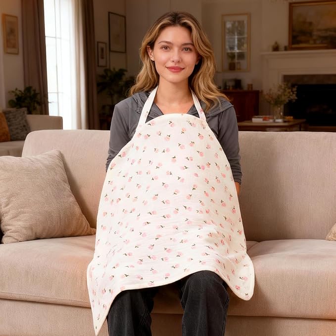 Muslin Nursing Covers for Baby Breastfeeding Privacy Breast Feeding Cover Breathable Breastfeeding Cover up with Arch Neckline Multi-use Stroller Covers for Women Nursing Apron
