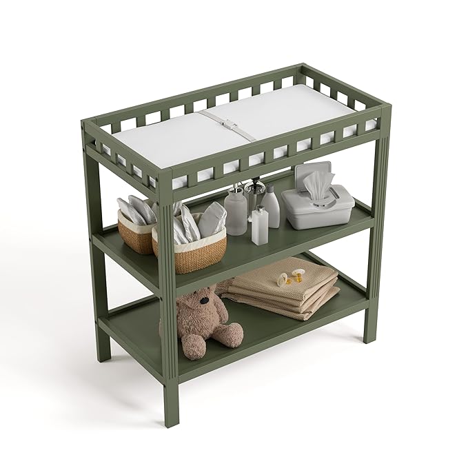Storkcraft Morningside Changing Table (Olive) – GREENGUARD Gold Certified Baby Changing Table, Includes Waterproof Diaper Changing Pad, Easy 30-Minute Assembly, 2 Open Shelves for Storage