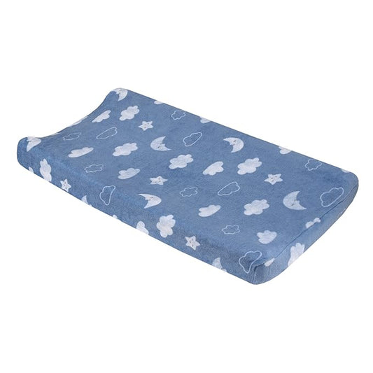 NoJo Carter's Blue Elephant - Chambray, and White Clouds, Moon and Stars Super Soft Contoured Changing Pad Cover