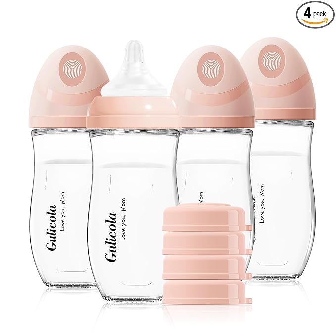 Gulicola Natural Glass Baby Bottle 8 oz for Breastfed Babies, Anti-Colic Baby Bottle Set with Medium Flow Nipple, 3 Months +, 4 Pack - Pink