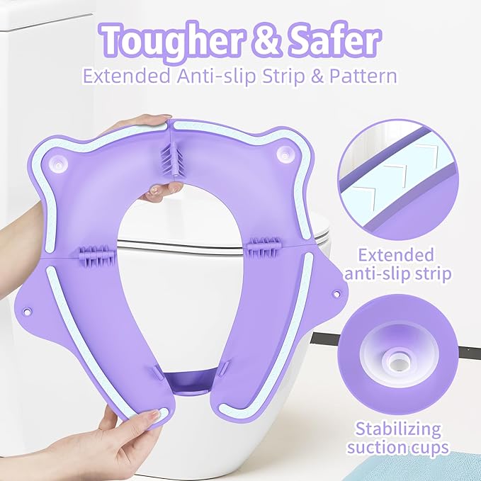 Foldable Travel Potty Seat for Toddler, Portable Toilet Training Seat for Kids on The Go, Fits Round & Oval Toilets with Non-Slip Base & Travel Bag for Car Airplane Essentials, Purple