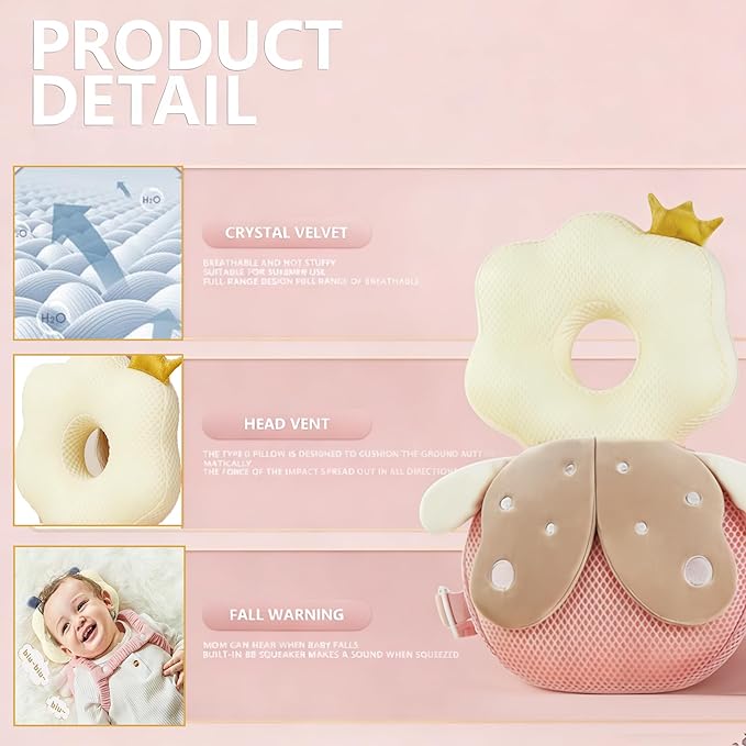 Baby Head Protector Backpack, Toddler Baby Head Protection Backpack with Baby Knee Pads Alarm Function for Walking & Crawling, Soft, Breathable and Wearing Safety Baby Head Protector- Pink Butterfly