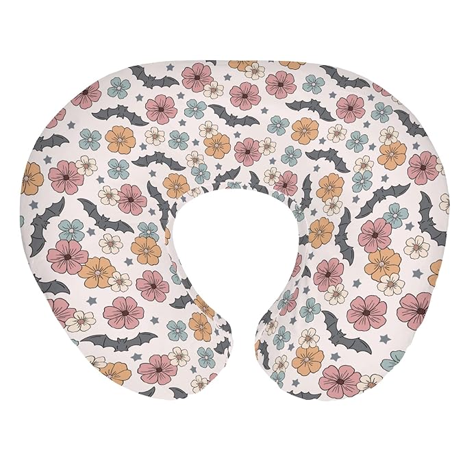 Boho Floral Halloween Bats Baby Nursing Pillow Covers for Boy Girl Vintage Fall Autumn Flowers Nursery Pillowcase for Breastfeeding Pillows Spooky Gothic Soft Stretchy Slipcovers for Newborn Infant
