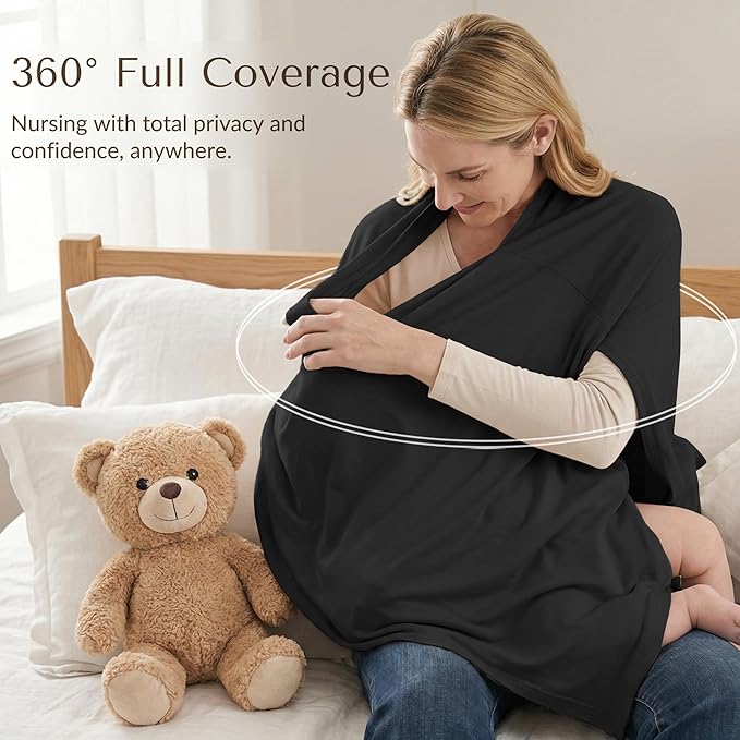 Konssy Nursing Cover for Breastfeeding, 360° Full Privacy Breathable Breastfeeding Cover, Multi-use Carseat Canopy(Black)