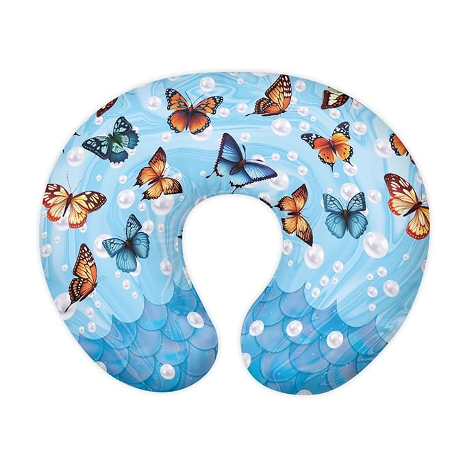 Forchrinse Colorful Butterfly Pearls Blue Mermaid Nursing Pillow Cover Ultra Soft Feeding Pillow Slipcover for Breastfeeding Moms