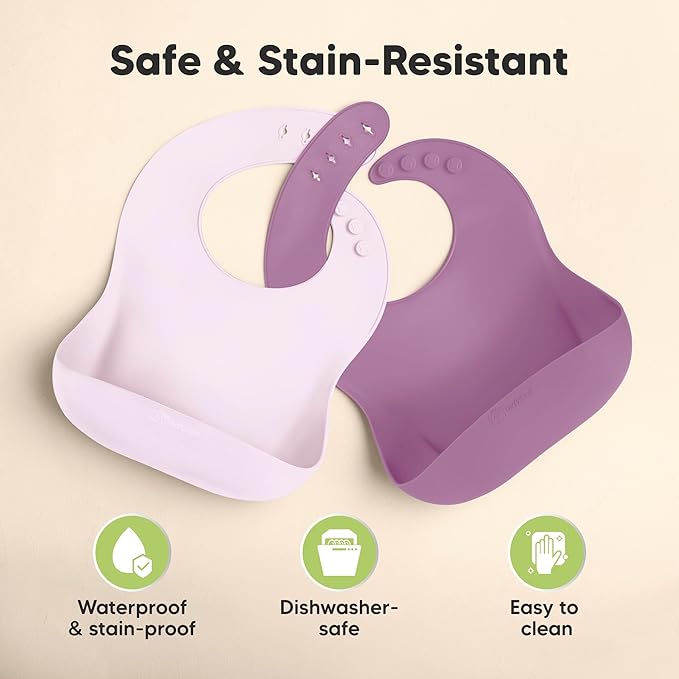 KeaBabies 2-Pack Silicone Bibs for Babies, Toddlers Girl, Boy – Sturdy Food-Grade Baby Bibs for Eating, Large Food Catcher, Clean & Put On Easily, Waterproof Toddler Feeding Essentials (Amethyst)