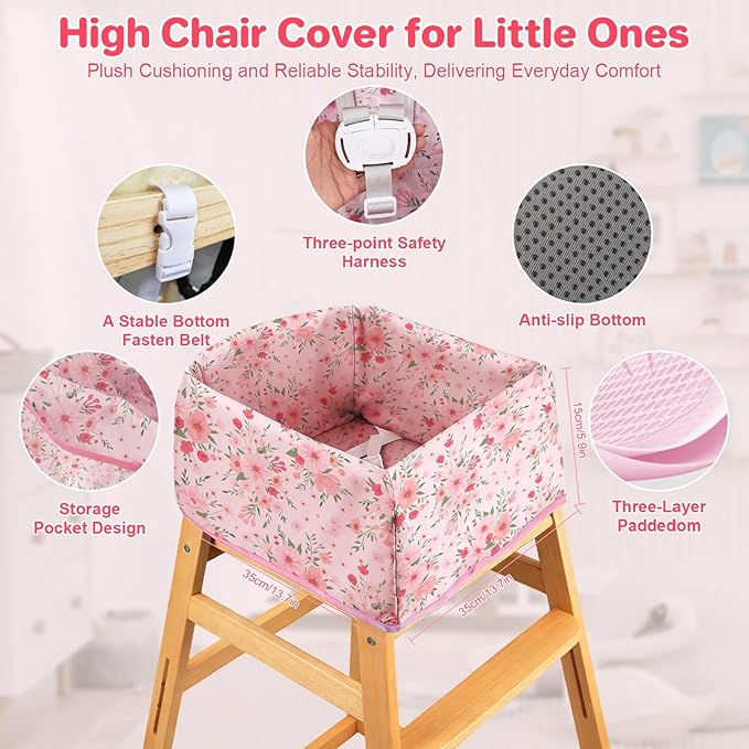 BEBOAN High Chair Cover for Restaurant, Portable Highchair Seat Covers with 3-Point Adjustable Safety Harness and Bag, for Eating/Travel/Home Use, Machine Washable, Fit Wooden Chairs (Pink Flower)