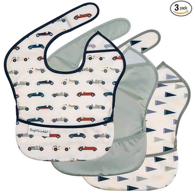 Tiny Twinkle Mess-Proof Baby Bibs for Eating | Waterproof, Wipeable Toddler Bibs with Catch-All Pocket | Feeding Bibs for Girls & Boys(3 Pack,Vintage Cars,Varsity Flags)