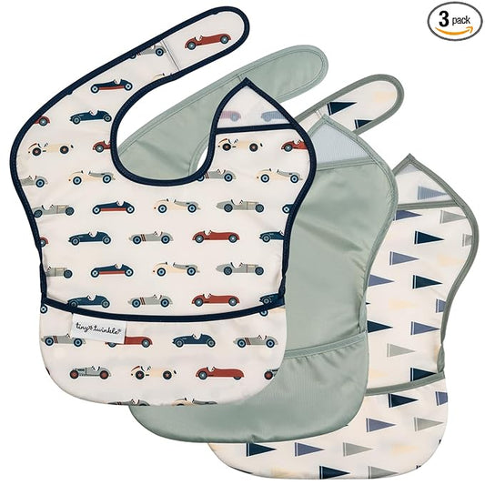 Tiny Twinkle Mess-Proof Baby Bibs for Eating | Waterproof, Wipeable Toddler Bibs with Catch-All Pocket | Feeding Bibs for Girls & Boys(3 Pack,Vintage Cars,Varsity Flags)