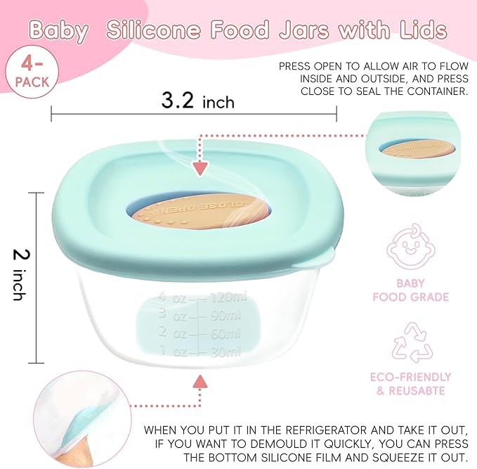 4 Pack Baby Food Storage Containers 4 oz, Baby Silicone Food Jars with Ventilation Valve, Snack Containers with Leak Proof Sealing Lid Microwave Safe, Suitablefor Nurseries, Schools and Travel