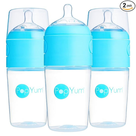 PopYum 9 oz Blue Anti-Colic Formula Making/Mixing/Dispenser Baby Bottles, 3-Pack with #2 Medium Flow Nipples, 260 ml, BPA-Free, Natural Latch