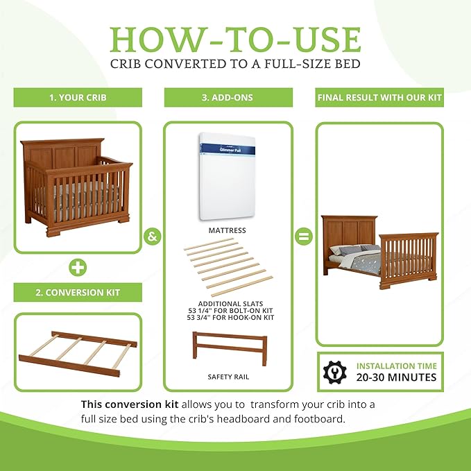 CC KITS Full-Size Conversion Kit Bed Rails Compatible with Simmons Kids Convertible Cribs by Delta Children - Solid Wood Rail - Toddler and Adult Bed Rail for Full-Size (Hazelnut, Hook-ON KIT)