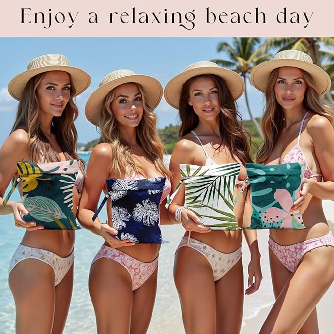 4Pcs Waterproof Wet Bag for Swimsuit, Travel Beach Wet Dry Bag, Hidden Zipper Reusable Palm leaf aloha bags, for Travel Beach Wet Swimsuits Toiletries Diapers Laundry Bag