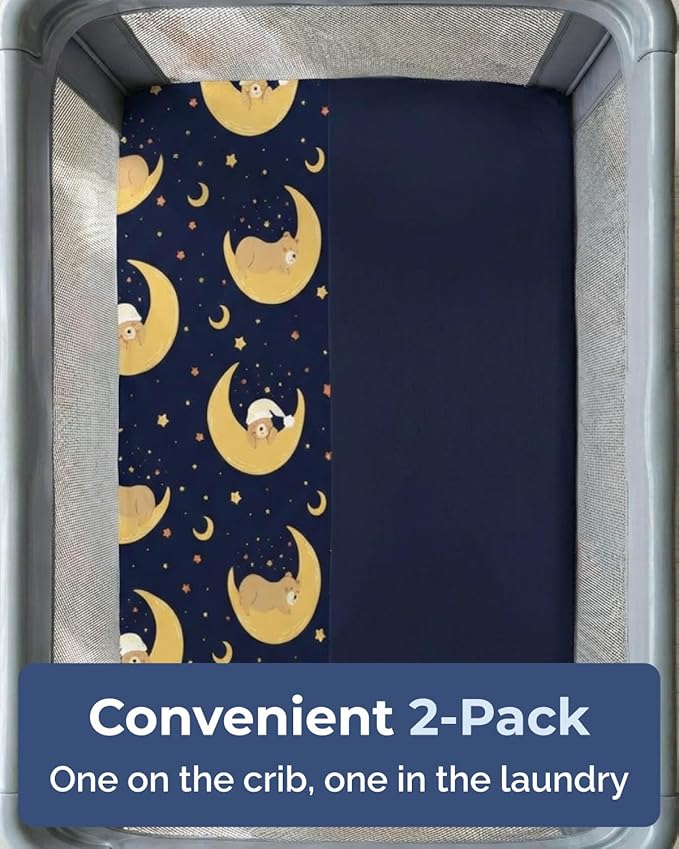 Pack and Play Sheets Fitted - 2 Pack Mini Crib Sheets for Pack N Play Mattress - Unisex Playard Microfiber Bedding for Boys & Girls - Soft, Breathable & Wrinkle Free - Oeko-Tex, 38 x 26in - Moon Bear