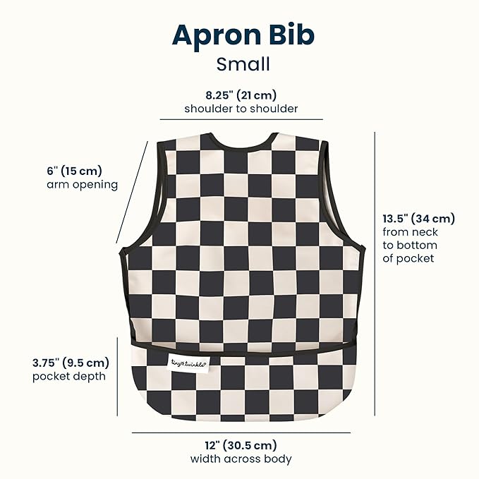 Tiny Twinkle Mess Proof Baby Bibs | 2 Pack Waterproof Toddler Bib for Eating | Baby Apron for Feeding, Machine Washable, Perfect Shower Gift (Space,Black Checkers, 6–24M)