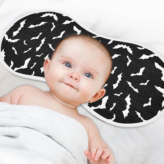 Muslin Burp Cloths for Baby Boys and Girls - 2-Pack Ultra Absorbent Halloween Bats Muslin Washcloths, Newborn Towel, Milk Spit Up Rags, Burp Cloth Bibs for Unisex, 22 x 11 Inch