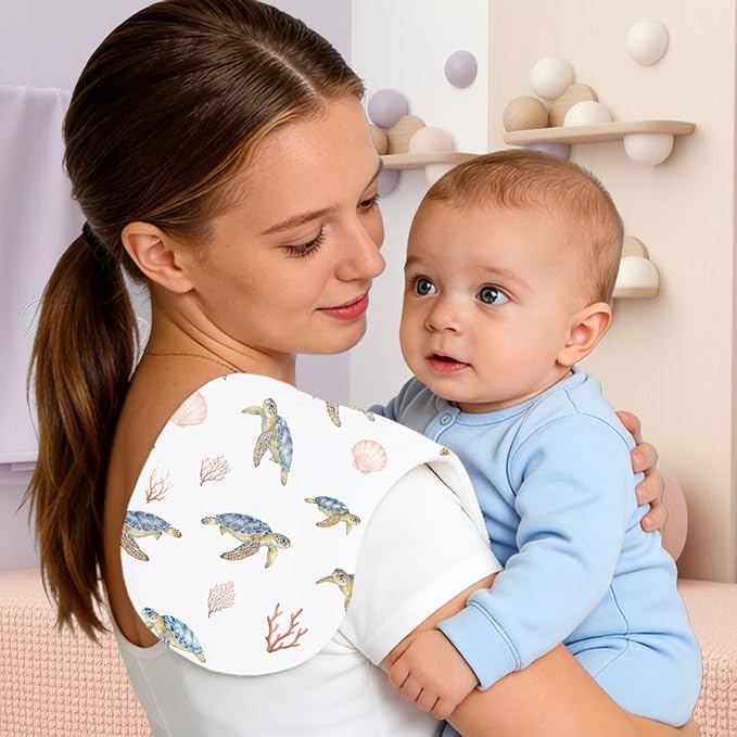 4 Pack Baby Burp Cloths for Boys Girls, Soft Cotton, Ocean Sea Turtle Theme Design, Super Absorbent Baby Burping Cloths for Newborns, Machine Washable and Reusable Baby Spit-Up Cloths