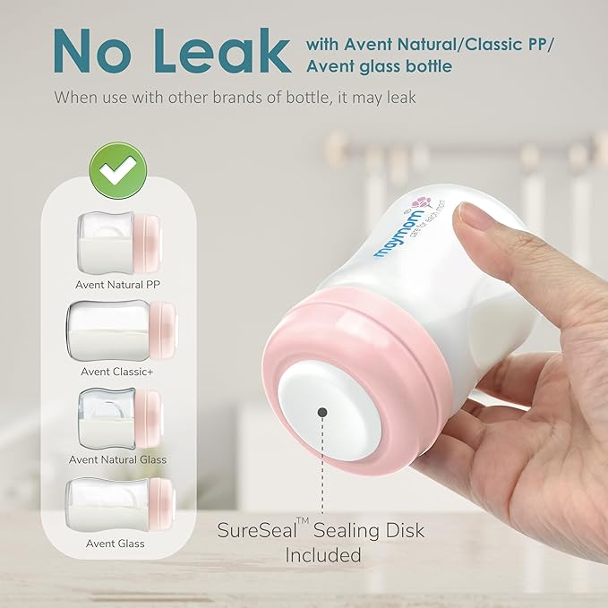 Maymom Screw Lids Aka Travel Caps with Rewritable Sealing Disc Compatible with Avent, Maymom Wide Mouth Bottles; Cap Replace Avent Natural Bottle Sealing Ring and Sealing Disc, 4pcs. (Pink)