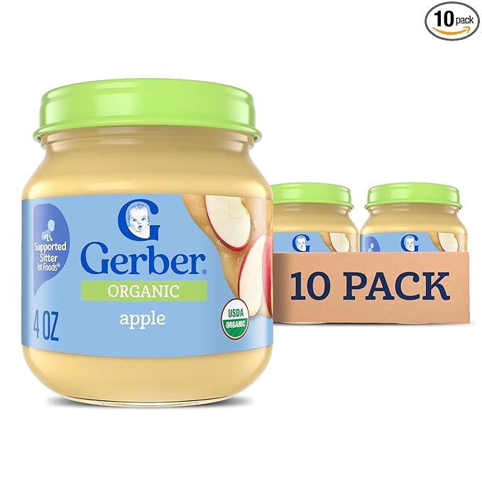 Gerber Stage 1 Baby Food, Organic Apple Jar, Fruit Puree, Vitamin C, Non-GMO, Baby Food Fruit, Puree Jars Glass, 10-pack