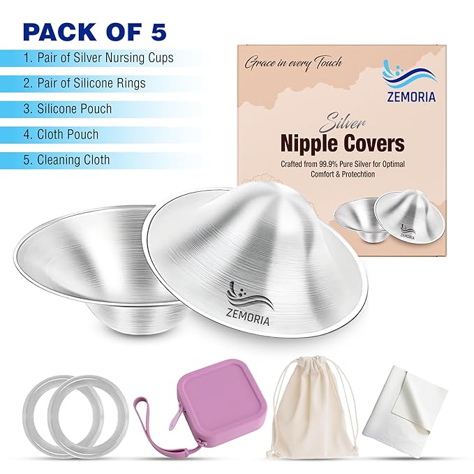 The Original 999 Silver Nursing Cups for Breastfeeding, Pack of 5; Silver Nipples Covers with Silicone Rings, Pouches & Cleaning Cloth – Reusable Breastfeeding Accessories for Comfort & Protection.