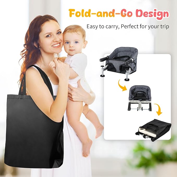 Hook On High Chair with Removable Tray for Babies 6-36 Months | Secure & Portable Foldable Travel High Chair | Clip On Baby Feeding Seat with Non-Slip Aluminum Clamp, Washable Cover & Carry Bag (Grey)
