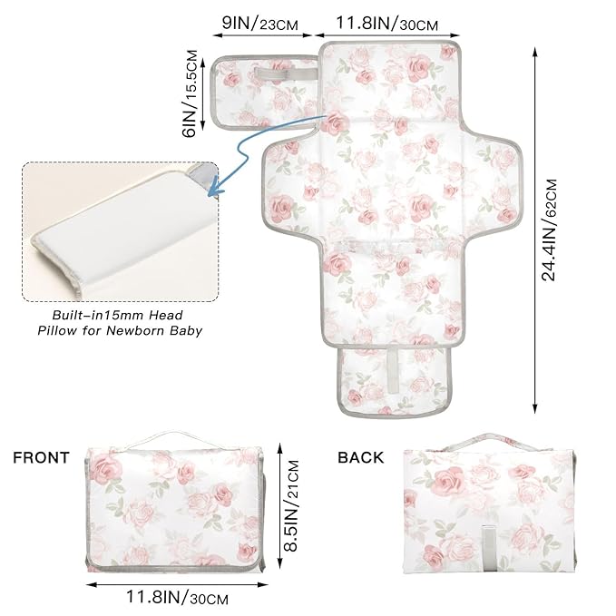 Pink Roses Portable Diaper Changing Pad with Wipes Holder, Beautiful Flower Leaves Foldable Baby Diaper Changer Travel Bag Beauty Floral Baby Changing Mat with Built-in Pillow for Newborn