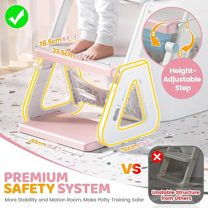 Orzbow Potty Training Seat | Upgrade Toddler Potty Training Toilet with Step Stool, 2-in-1 Stability Toilet Seat for Boys Girls | with Splash Guard, Anti-Slip Pad, Ladder, and Height Adjustable, Pink