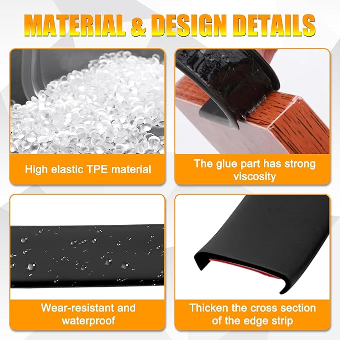 U-Shape Flexible Edge Protector Banding, 0.6" x 20ft Self Adhesive Veneer Edging Trim for Desk, Cabinet, Table, Shelves - Furniture Restoration, Decorative TPE Edge Strip (Black)