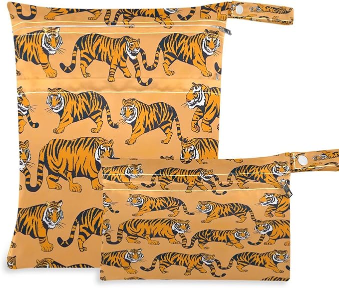 2 Pack Cute Tigers Cloth Diaper Wet Dry Bags,Waterproof Reusable Wet Bag with Two Zipper Pockets& Handle,Washable for Swimming,Travel,Beach,Pool or Wet Clothes