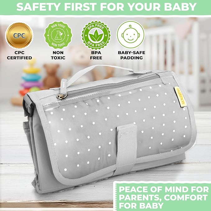Portable Diaper Changing Mat, Fits Most Changing Tables, One-Hand Hook-and-Loop Fasteners, Front Touchscreen-Friendly Pocket, Grey